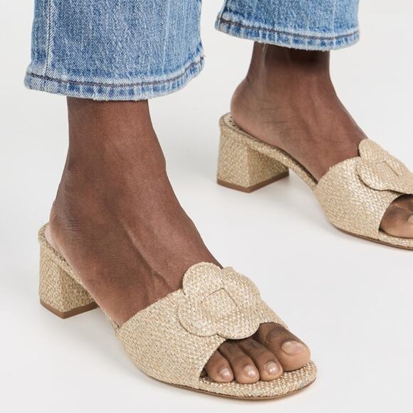 Larroude Flora Woven Raffia Gold Beige Slip On Block Heel Mule Sandals Size 7.5 - Picture 1 of 10